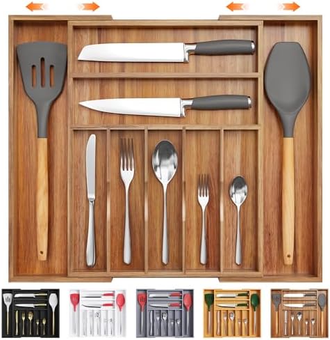 Bellsal Large Premium Acacia Wood Silverware Organizer - Expandable Utensil Drawer Organizer - 17"x19.6" Utensil Holder and Cutlery Tray with Grooved for Kitchen Flatware Utensils(7-9 Slot, Acacia) by Bellsal