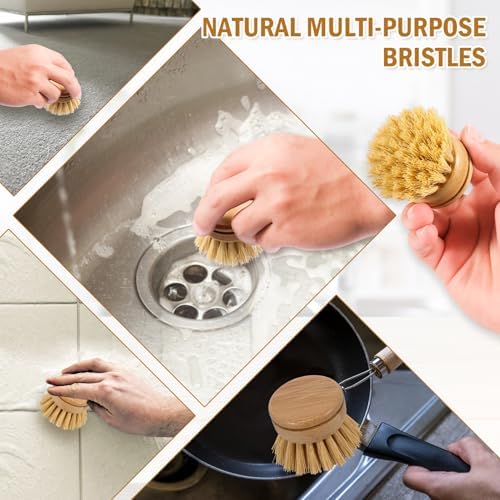 Wooden Dish Brush 4Pcs Natural Bamboo Dish Brush with Sisal Fibers Eco-Friendly Scrubber for Kitchen Cleaning - Image 4