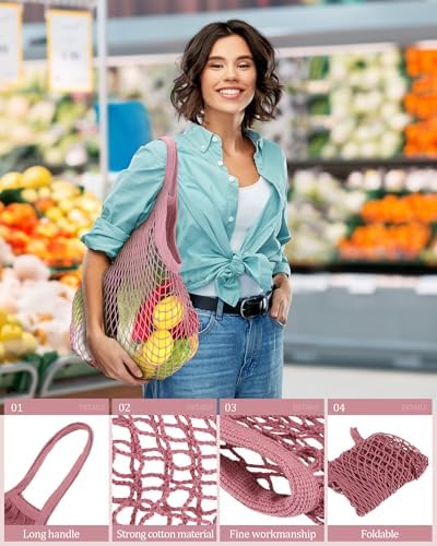 Eccliy 12Pcs Reusable Cotton Mesh Grocery Bag with Handle, Dark Pink, 10 in - Image 3