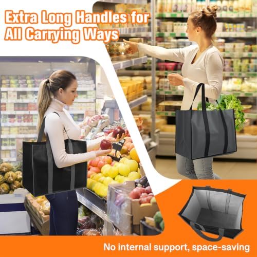 WISELIFE Reusable Grocery Bags with Handles, 35L, 3 Pack, Gray & Black - Image 3