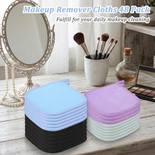48 Pcs Makeup Remover Cloth Reusable Makeup Remover Pads Soft Microfiber Face Towels Facial Cleansing Cloths for Face Hand Eye Lips Bathroom Gift for Women 6.3 x 5.5 Inch(8 Colors) - Image 4
