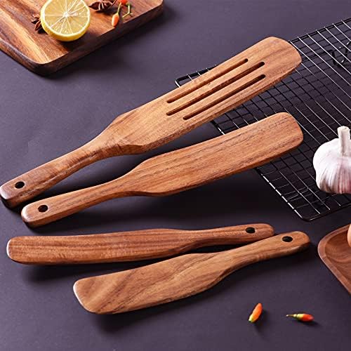 Wooden Spoons for Cooking,GUDAMAYE 10 PCS Wooden Kitchen Utensils Set,Wooden Cooking Utensils For Non-stick Pan,Teak Wood Utensils Set,Spurtles Kitchen Tools As Seen On Tv - Image 4