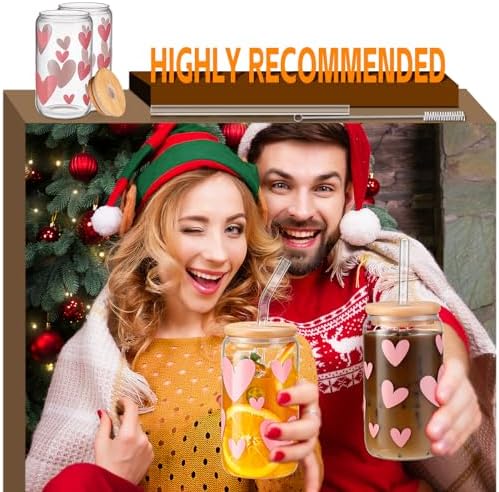 DWTS DANWEITESI Glass Cups with Lids and Straws with Design Pink Hearts 4 pcs,Clear Glass Cups 16 oz-Glass Tumbler,Cute Glass Iced Coffee Cups with Lids and Straws 480ml - Image 6