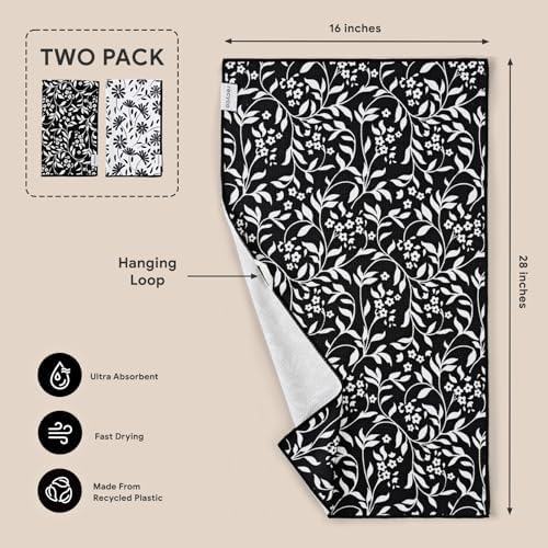 RECYCO Waffle Kitchen Towel Set of 2 - Quick Dry Microfiber Sustainable Dish Towels - Ultra Absorbent Reusable Cleaning Tea Towels - Lightweight Hand Towels,16”x 28”, Black & White Florals - Image 6
