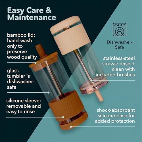 Pandaloo® Glass Cups With Lids and Straws -20 Fl Oz- Perfect Size Iced Coffee Cup - Smoothie Cup With Bamboo Lid and On the go Lid - Glass Tumbler (2 Count (Pack of 1), Peach Fuzz-Lilac Rhapsody) - Image 6