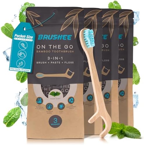 Brushee Travel Toothbrush 12-Pack, Bamboo Disposable 3-in-1 with Flosser by Brushee