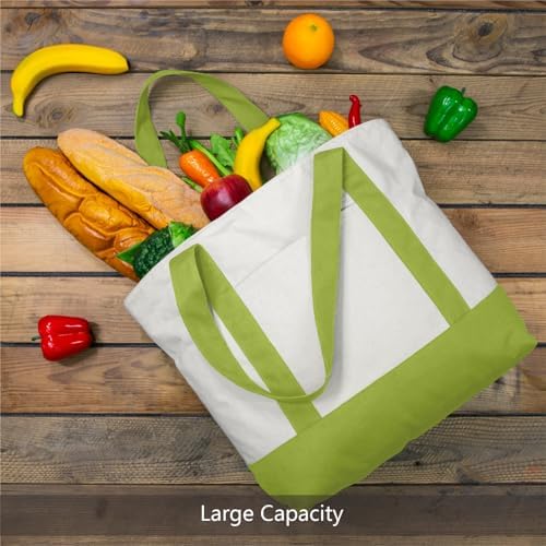 TOPDesign 1-Pack Canvas Tote Bag with an External Pocket, Reusable Grocery Shopping Bag, Top Zipper Closure, Daily Essentials (Light Green/Natural) - Image 4