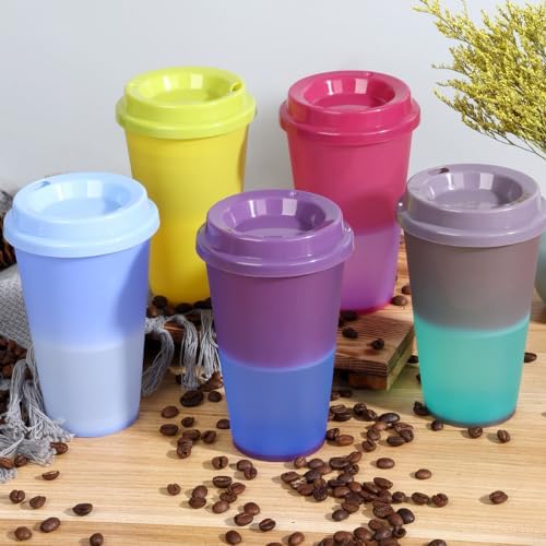 Color Changing Cups, 5 Pack 24oz Plastic Tumblers, Reusable Iced Coffee & Smoothie Cups with Lids and Straws for Parties and Travel (coffee,12 Pack, 12 Pack) - Image 6