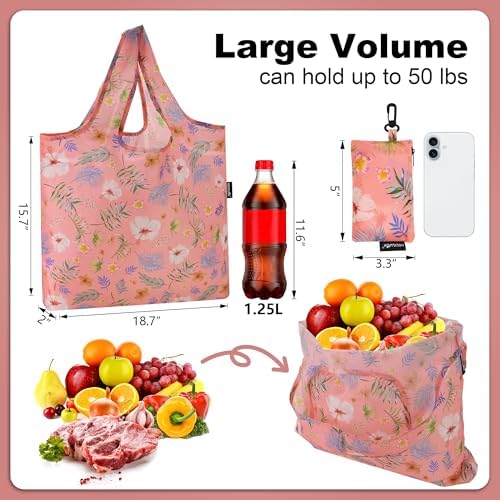 HOLYLUCK Reusable Grocery Bags,Heavy Duty Foldable Shopping Tote Bag (Standard, Pink floral) - Image 3
