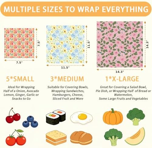 Reusable Beeswax Wraps, Watercolor Floral Wraps, 9 Pack, Sandwich Snack Bowl Bread Cover, Organic Sustainable Zero Waste Plastic-Free Food Storage, 1XL 3M 5S - Image 2