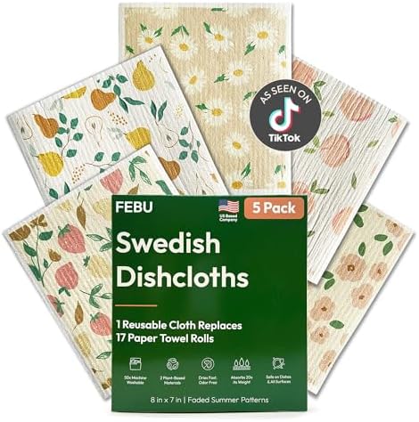 FEBU Swedish Dishcloths for Kitchen, 5 Pack, Faded Summer by FEBU