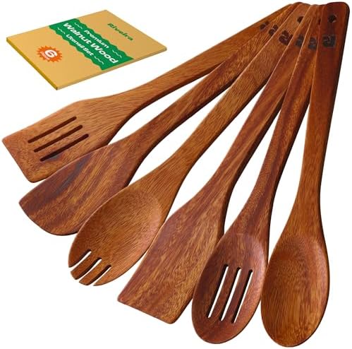 Riveira Walnut Wooden Spoons for Cooking Set of 6 – Natural Walnut Wooden Cooking Utensils, Spatula, Spoon - Premium Quality Utensil Set for Non-Toxic Cooking by Riveira