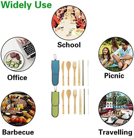 UPTRUST 2 Set Bamboo Cutlery Set Bamboo Travel Utensil Reusable Table cutlery Fork Knife Spoon Chopsticks Straw Cleaning Brush for Travel Picnic School Office（Skyblue& Green） - Image 6