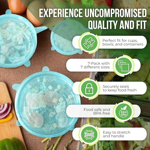 Reusable Silicone Stretch Lids for Food Storage in Fridge - Elastic Heat-Resistant Bowl Covers, Cups, Cans, Jars - Universal Food Grade Lid for Containers - 7 Pack - Light Green Stretchy Lid Set - Image 3
