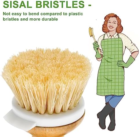 SUBEKYU Bamboo Dish Brush, Kitchen Dish Scrubber Brush with Soap Dispenser, Natural Wooden Dishwashing Brush for Cleaning Dishes/Pans/Pots, Built-in Scraper, Sisal Bristles,1 Set - Image 2