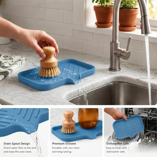 MicoYang Silicone Soap Dish with Drain Spout — Self-Draining Sink Organizer Tray for Bathroom & Kitchen, Sponges, Dispensers & Soap Holder, Non-Slip & Dishwasher Safe, Lichen Blue (Medium, 9.6"×5.3") - Image 5