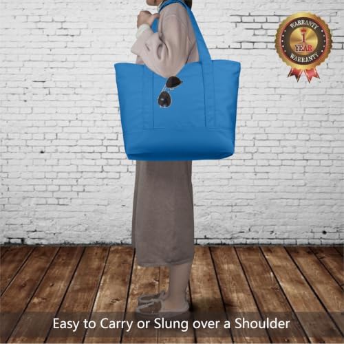 TOPDesign 1-Pack Canvas Tote Bag with an External Pocket, Reusable Grocery Shopping Bag, Top Zipper Closure, Daily Essentials (Ocean Blue) - Image 2