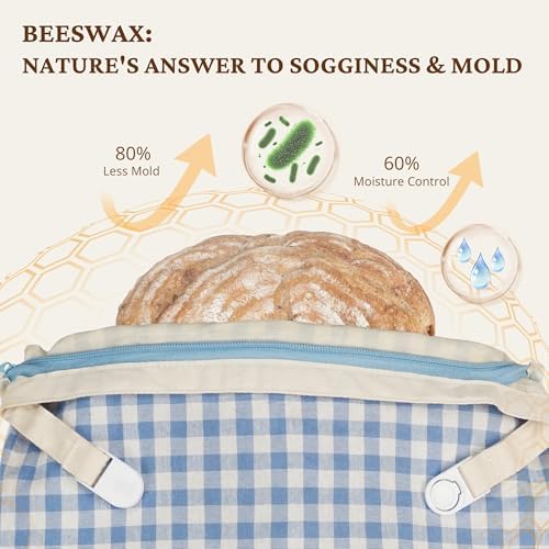 BRONYPRO Reusable Beeswax and Linen Bread Bags with Zipper, 2-Pack Waxed Bread Bags for Homemade Bread & Sourdough, Sustainable Loaf Storage to Lock in Freshness, Large 17x12.6in, Blue Gingham - Image 4