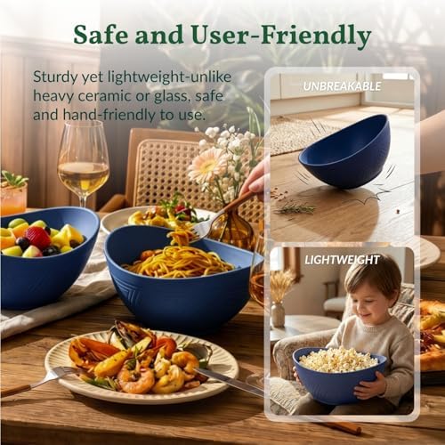 Homienly Wheat Straw Bowls, 9.6 inch Salad Bowls, Large Serving Dishes for Wedding Parties, Camping, 60 OZ Bowl Set for Salad, Popcorn, Oval Shape, Microwave & Dishwasher Safe, Set of 4, Dark Blue - Image 6
