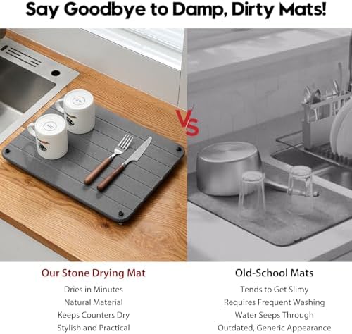 Razborci Stone Dish Drying Mat for Kitchen Counter, Water Absorbing Bathroom Tray Sink Organizer, Diatomaceous Earth Countertop Dish Rack Riser Sponge Holder Soap Dish, Dark Gray, 16" x 12" - Image 6