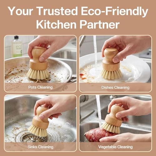 Wooden Dish Brush Handheld Bamboo Wok Brush Scrubber for Dishes Pans Pots Fruit and Veggie Washing(1,Beige) - Image 7