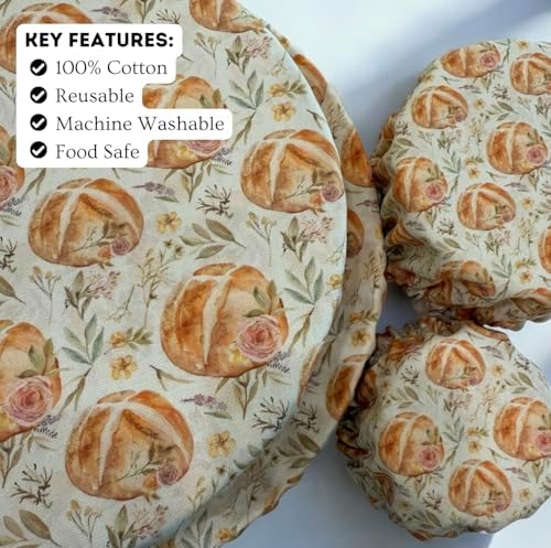 (4-Pack) Sourdough Reuseable Jar & Bowl Covers | Cute Baking Gift | 100% Cotton | Washable | Bread Proofing | Kitchen Food Storage Gifting | Starter Cover Lid Kit (Vintage Sourdough) - Image 4