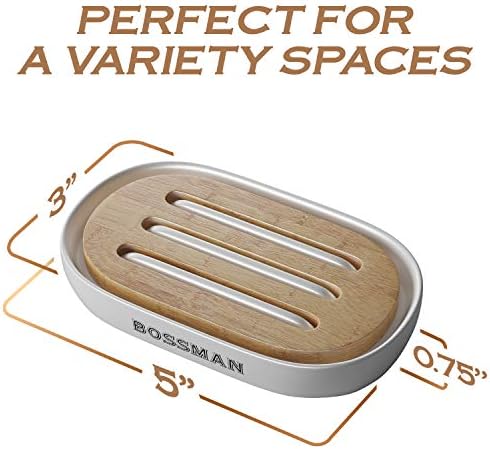 Bossman Natural Bamboo Bathroom Soap Dish w/ Premium Ceramic Base - White - Image 7