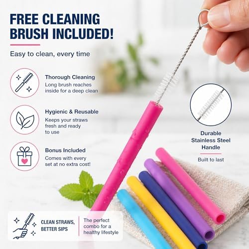 Wide Reusable Silicone Straws 10" Long Set of 5 | Free Cleaning Brush - Image 2