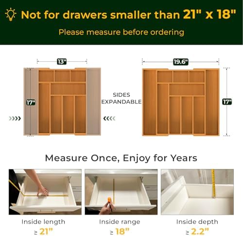keechee Carbonized Bamboo Kitchen Drawer Organizer, 10 Slots Expandable Silverware Organizer, Utensil Holder & Cutlery Tray, 2.2" Deep for Extra Capacity, Non-Slip Feet Included - Image 2