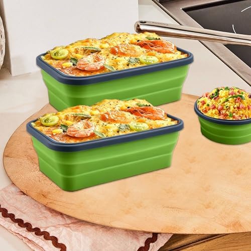 2 Pcs Collapsible Silicone Bowls with Lids, 500ml & 800ml Rectangular Foldable Food Storage Containers, Reusable Meal Prep Bowls, Microwave Freezer Safe, Ideal RV Camping Travel Accessories,Green - Image 4