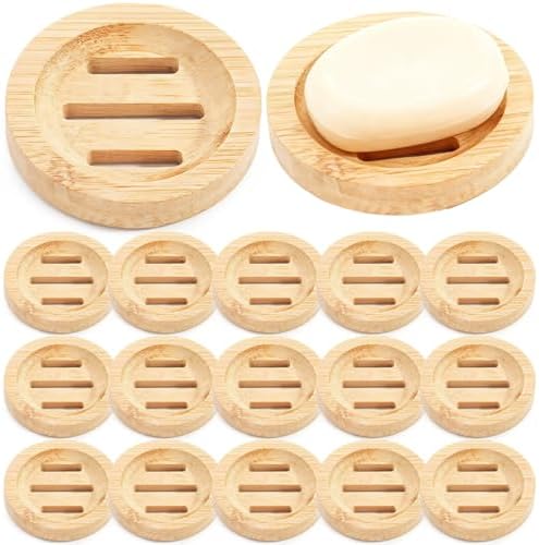24PCS Bamboo Soap Dishes,3.2 in Round Wooden Soap Holder with Drainage Slots, Waterproof Lacquered Soap Bar Tray for Bathroom Shower, Shampoo Bar Holder, Scrub Sponge Tray by TIMCORR