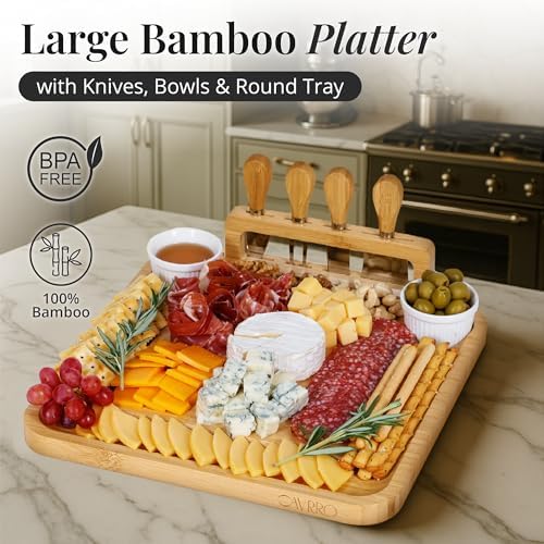 Charcuterie Board Set Bamboo with Cheese Knives and Bowls, Large Wooden Serving Platter for Entertaining, Housewarming and Wedding Gift by Cavrro - Image 5