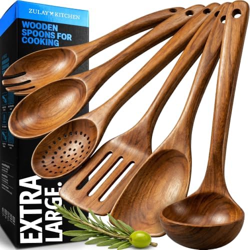 Zulay Kitchen Extra-Large 6-Piece Wooden Spoon Set - Smooth Teak Cooking Utensils - Comfort-Grip Non-Stick Turner, Spatula, Skimmer, Fork, Serving Spoon by ZulayKitchen