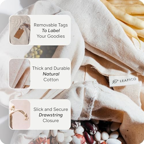 LEAFICO Cotton Storage Bags – X-Large 14x17 Inch (6-Pack) – Reusable Muslin Bags with Drawstrings – Biodegradable Canvas Fabric Sacks – Perfect for Bread, Bulk Produce, Potatoes, Onions, Shoes - Image 4