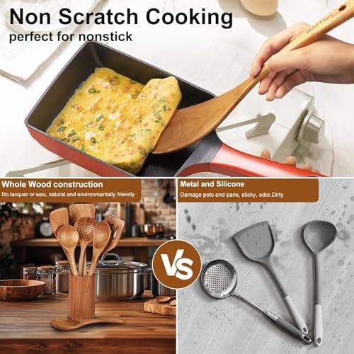 Wooden Spoons for Cooking - 8-Piece Wooden Kitchen Utensil Set made of Natural Solid Wood Material-Includes Spoons,Spatulas,Ladles,Mixing Spoon and Utensil Holder,Holiday Gifts(A08) - Image 5