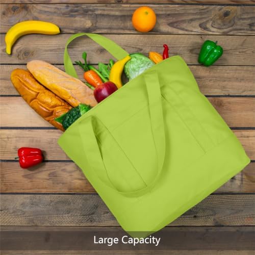 TOPDesign 3-Pack Canvas Tote Bags with an External Pocket, Reusable Grocery Shopping Bags, Top Zipper Closure, Daily Essentials (Light Green) - Image 3