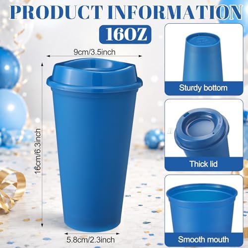 Honeydak 30 Pack 16 oz Reusable Coffee Cups with Lids Water Bottle Iced Coffee Travel Mug Portable Plastic Tea Tumblers Bulk for Hot and Cold Drinks Birthdays Party (Dark Blue,Classic) - Image 3