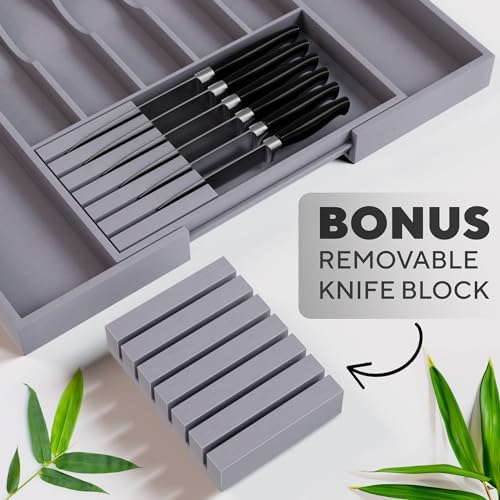 Premium Expandable Kitchen Drawer Organizer - 100% Bamboo Organizer Tray - Great for Silverware, Large Utensils, Flatware, Cutlery - 8 Compartments with Knife Block - Perfectly Fits Your Drawers - Image 4