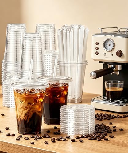 Ginkgo 50 Pack 16 oz Clear Plastic Cups with Lids and Straws - Image 7