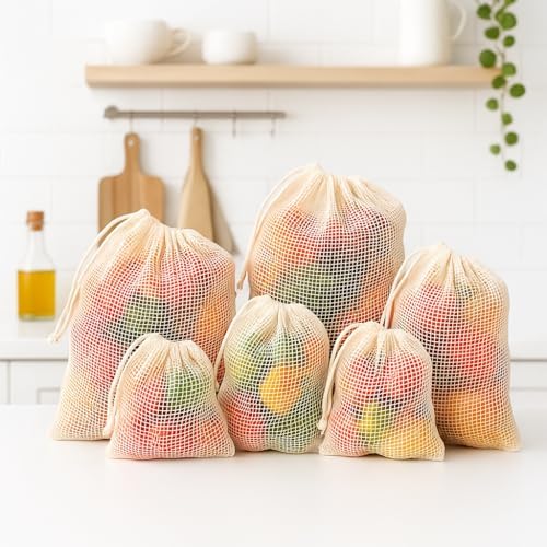 Reusable Mesh Produce Bags, Cotton Drawstring, Set of 6 - Image 2