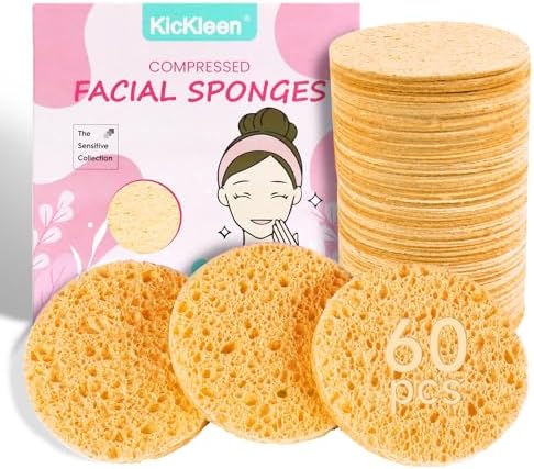 60-Count Compressed Facial Sponges|100% Natural Kickleen Cellulose Cosmetic Spa Sponges for Daily Facial Cleansing|Makeup and Mask Removal | Exfoliating | Skin Massage | Pore Exfoliation (Yellow) by KICKLEEN
