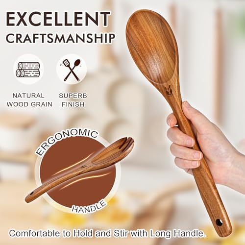 Wooden Spoons for Cooking, 6 Pcs Natural Teak Wooden Kitchen Utensils Set, Cooking Utensils Set with Long & Comfort Grip, Wooden Spoons Spatula Set Perfect for Non-Stick Cookware - Image 5