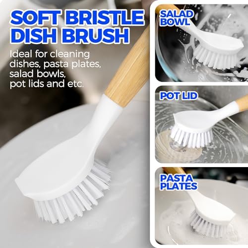 Holikme 3 Pack Dish Brush with Bamboo Handle Cleaning Brush,White Black - Image 2