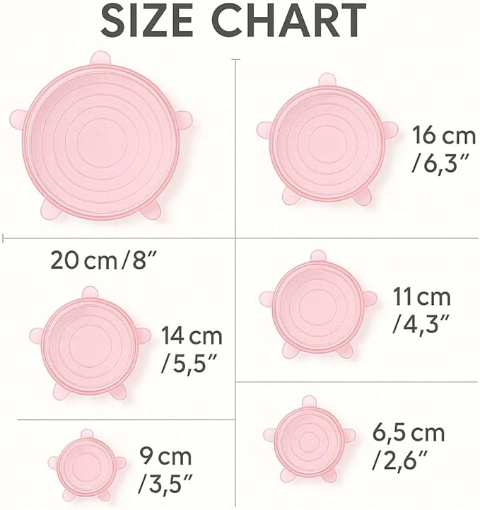 Silicone Stretch Lids Pink (6 Pack) Reusable Airtight Food Covers for Bowls, Containers & Fruits |Elastic BPA-Free Stretchable Lids | Microwave, Freezer & Dishwasher Safe | Plastic Wrap Alternative