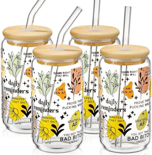 DWTS DANWEITESI Glass Cups with Lids and Straws with Design 4 pcs（Daily Reminder）,Clear Glass Cups 16 oz-Glass Tumbler,Cute Design Glass Iced Coffee Cups Mental Health Positive 480ml by DWTSDANWEITESI