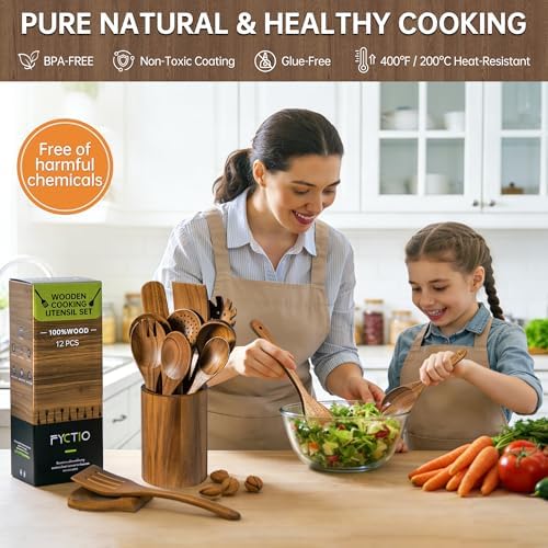 12 PCS Natural Acacia Wooden Utensil Set Wooden Spoons for Cooking - Image 4