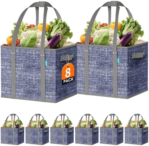 Fab totes Reusable Grocery Bags, Large Foldable Shopping Tote Bags with Reinforced Handles & Hard Bottom,8 Pack,Blue by Fabtotes