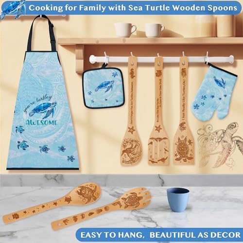 Sea Turtle Gifts for Women,8PCS Coastal Bamboo Cooking Utensil Spoon with Apron Oven Mitt Potholder for Kitchen Decor,Ocean Themed Stuff for Turtle Lovers,Mom,Easter,Housewarming,Birthday Gifts - Image 5