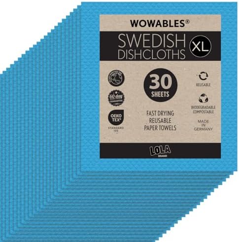 Swedish Dishcloths for Kitchen XL, 30 Sheet Roll, Biodegradable & Compostable, Reusable Paper Towel Cleaning Cloths, 11" x 10", No Odor, Washing Dishes, Ultra Absorbent Cellulose Sponge Towel, By LOLA by LolaProducts