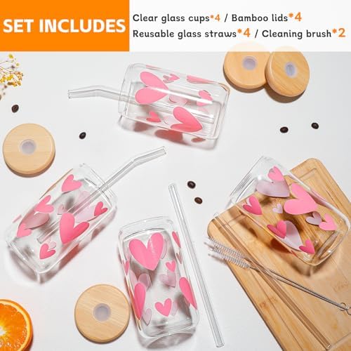 DWTS DANWEITESI Glass Cups with Lids and Straws with Design Pink Hearts 4 pcs,Clear Glass Cups 16 oz-Glass Tumbler,Cute Glass Iced Coffee Cups with Lids and Straws 480ml - Image 4
